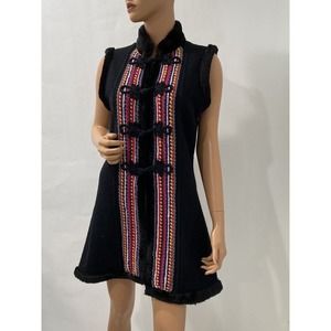 Revve Wool Long Vest Ethnic Style Toggle Closing Black Size Medium Sleeveless